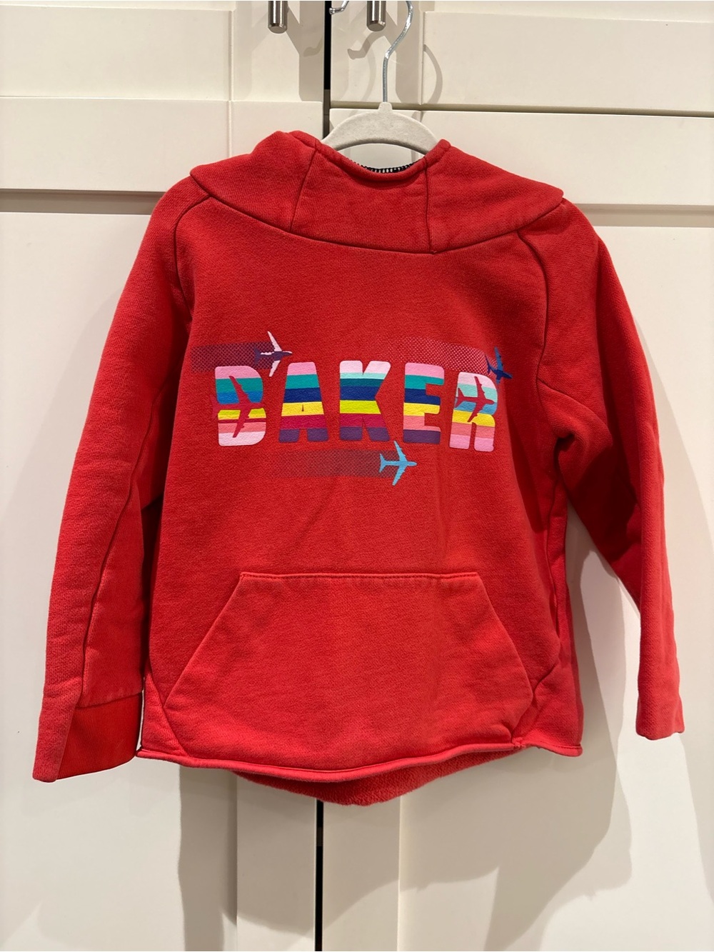 Baker by Ted Baker Kids Red Airplane Logo Hoodie Large Spell Out 3-4 Years